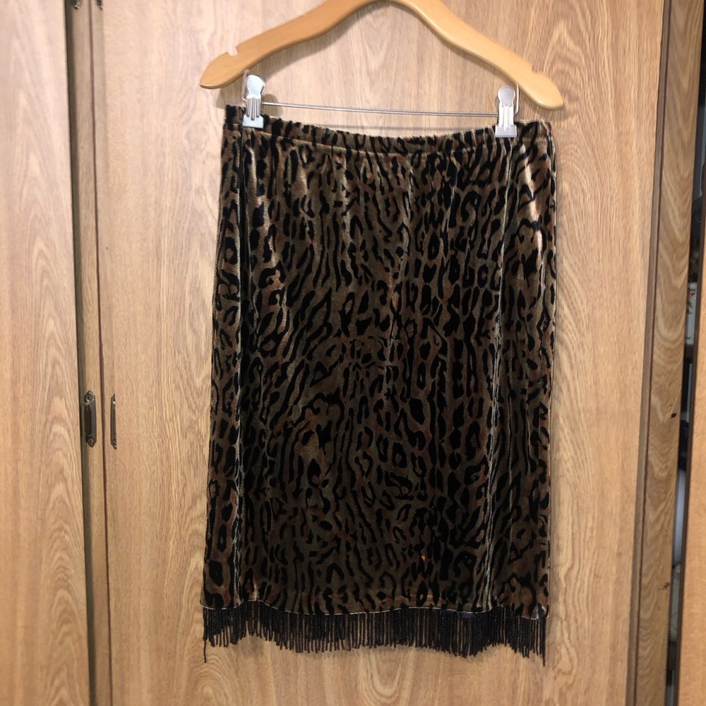 Clio Brown Leopard Pencil Skirt with Beaded Fringe